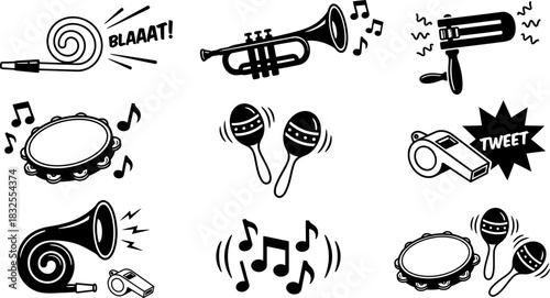 Black and White Party Noisemakers and Celebration Instruments Icon Set