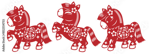 Cute Red Paper Cut Art Horse Poses Set for Chinese New Year Decorations
