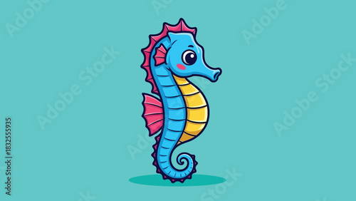 Cute blue cartoon seahorse with pink fins and yellow belly.