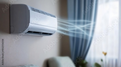 Modern wall mounted air conditioner a cozy living room softly cooling the space with comfortable seating and decor providing a refreshing environment on a warm day