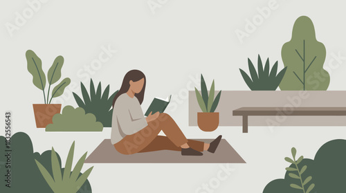 Reading Woman in Garden Illustration