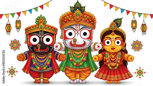 Jagannath festive cartoon artwork showing vibrant deities with colorful traditional attire joyful expressions decorative lanterns rangoli elements cultural celebration spiritual atmosphere bright back