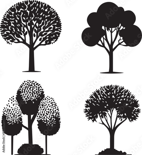 Big Highly four trees silhouette set on white background