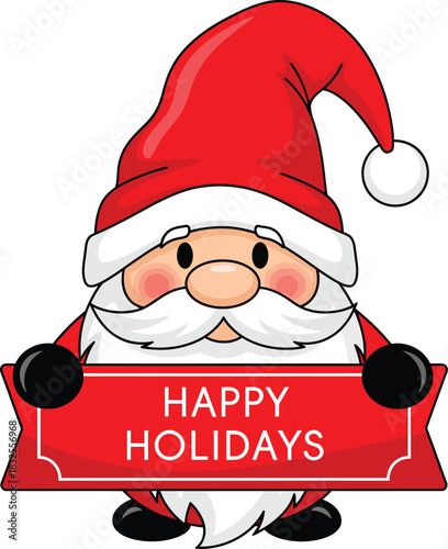 A cute cartoon gnome in a red Santa hat holding a Happy Holidays banner.