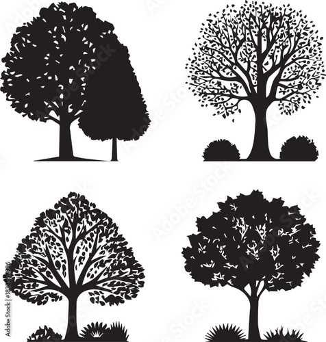 Big Highly four trees silhouette set on white background