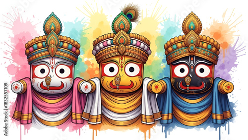 Jagannath deity artwork showing vibrant divine idols with colorful traditional ornaments expressive faces spiritual presence cultural heritage festive atmosphere bright background artistic sacred 