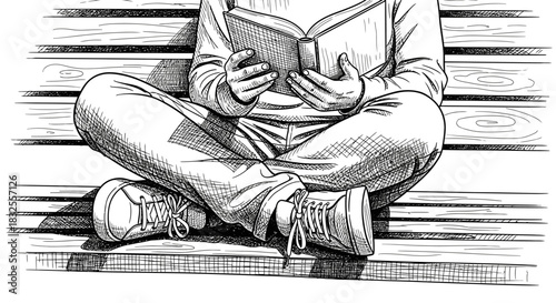 A serene black and white sketch captures a person sitting comfortably cross-legged on a wooden bench, deeply engrossed in reading a captivating book.