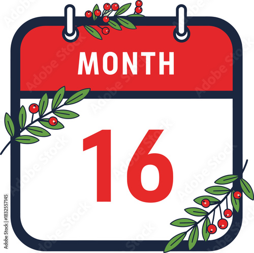 A festive calendar icon for the sixteenth day decorated with green holly branches and red berries.
