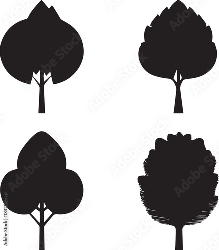 Big Highly four trees silhouette set on white background
