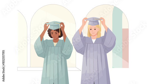 Graduation Ceremony Two Students Wearing Gowns, Celebrating Higher Education Achievements