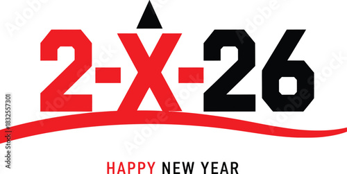 Bold Happy New Year 2026 text design featuring stylized red and black typography with a star and a dynamic red swoosh.