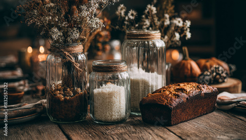 Rustic Autumn Still Life with Jars and Baked Goods.