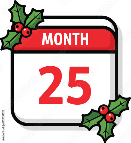Christmas Day calendar page icon showing the 25th adorned with festive red and green holly.