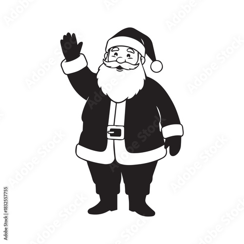 Santa claus waving in black and white illustration silhouette