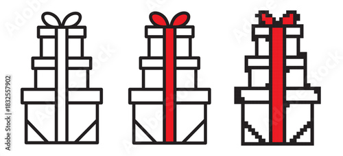 Festive gift box icon set with editable stroke, colorful flat style and retro pixel art