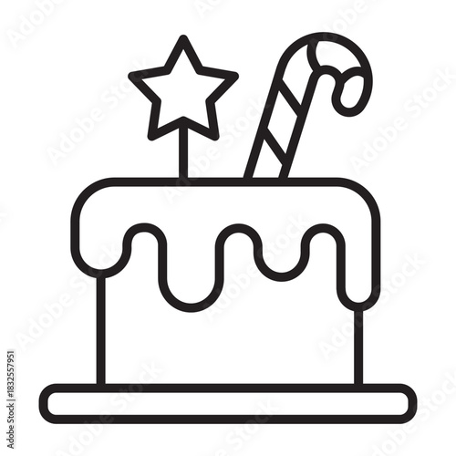 Outline icon of Christmas cake with editable stroke. Simple linear design for festive, holiday, greeting, and bakery themes.
