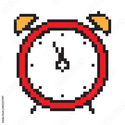 Alarm clock pixel art icon showing five minutes to midnight – New Year countdown, vector illustration