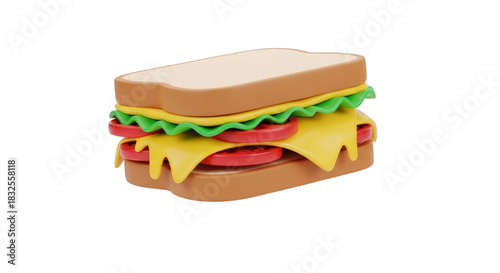 Cartoon sandwich with lettuce, tomato, and cheese on a plain surface on transparent background