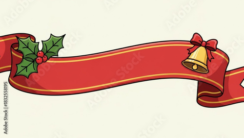 Christmas holiday banner with holly leaves, berries, bell and red ribbon vector illustration design