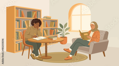 Cozy Study Corner Individuals Immersed in Books and Learning in a Bright, Inviting Library Space