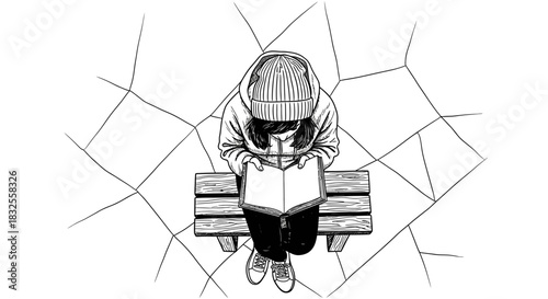 An overhead view of a person wearing a beanie and hoodie, engrossed in reading a book while sitting on a simple wooden bench.