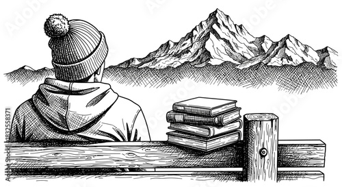 A solitary individual, dressed in a warm beanie and hoodie, sits on a wooden bench, admiring the grand mountain landscape with a stack of books nearby.
