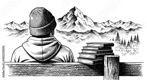 A thoughtful person in a beanie gazes at a majestic mountain range, with stacked books nearby, symbolizing a journey of knowledge, adventure, and self-discovery.