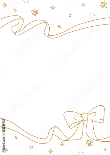 リボンのデコレーションフレーム、背景、雪の装飾、線画、縦向き