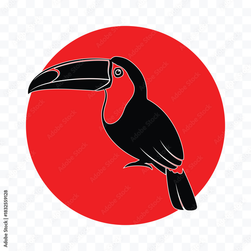 Obraz premium Black toucan silhouette perched against a large red circle with white outlines bird
