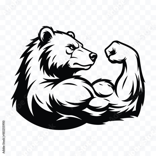 Black silhouette of a muscular bear flexing its bicep on a transparent background white