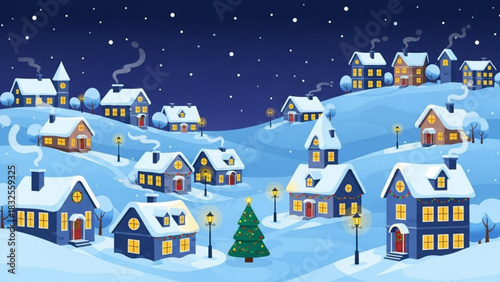 Enchanting winter village scene with snow-covered houses and twinkling lights, perfect for holiday cards, winter promotions, and festive designs, cheerful and cozy