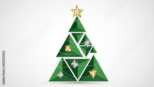 Modern geometric Christmas tree with elegant gold star and ornaments, perfect for holiday greetings, invitations, and seasonal marketing campaigns this winter