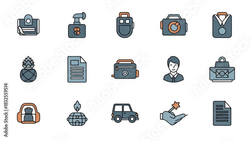 Modern icon set representing diverse objects, from business to travel, perfect for web design, app development, and infographics; scalable vector origin