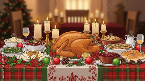 Festive Thanksgiving feast with golden roasted turkey, cranberry sauce, and holiday decorations, perfect for invitations and seasonal celebrations