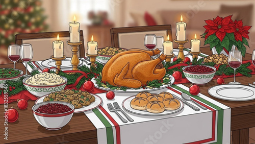 Celebrate the Holidays with a Festive Christmas Dinner Table Scene Ready for Family, Friends, and Togetherness Filled with Delicious Food and Warmth