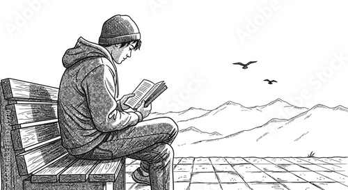 An illustration depicts a young man peacefully reading a book on a wooden bench, overlooking a serene mountain range with birds flying.