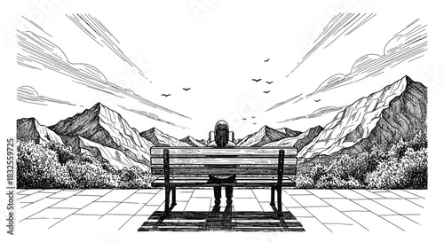 A lone person sits on a bench, observing a vast, majestic mountain landscape under an expansive sky with birds, beautifully rendered in monochrome illustration.