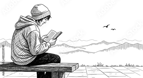 This tranquil hand-drawn illustration features a young person engrossed in reading a book on a bench, overlooking a serene mountain landscape.