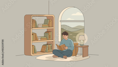 Comfortable Reading Nook with Bookshelf and Scenic View Illustration