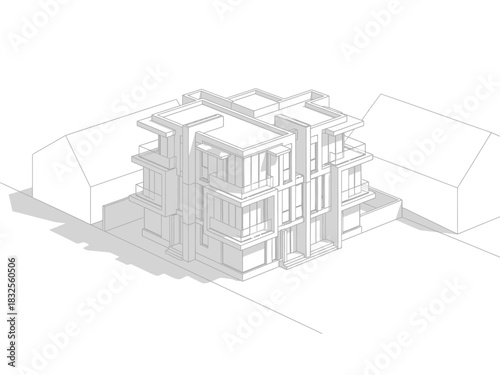 Architectural Line Drawing of a Modern MultiStory Building with Balconies.
