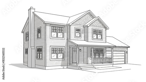 Detailed Architectural Drawing of a TwoStory House with Porch and Garage.