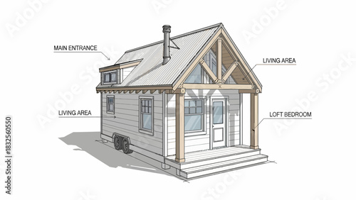 Detailed Architectural Illustration of a Tiny House on Wheels.