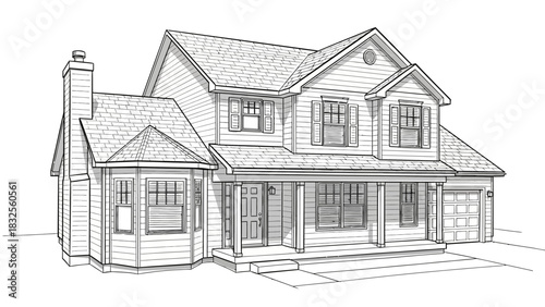 Detailed Black and White Architectural Illustration of a TwoStory House.