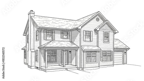 Detailed Architectural Sketch of a TwoStory Suburban House with Garage.