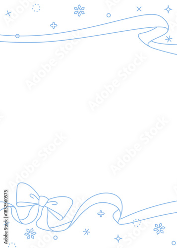 リボンのデコレーションフレーム、背景、雪の装飾、線画、縦向き