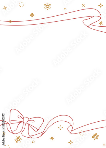 リボンのデコレーションフレーム、背景、雪の装飾、線画、縦向き