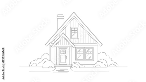 Simple Line Drawing of a Charming Cottage House with Chimney and Bushes.