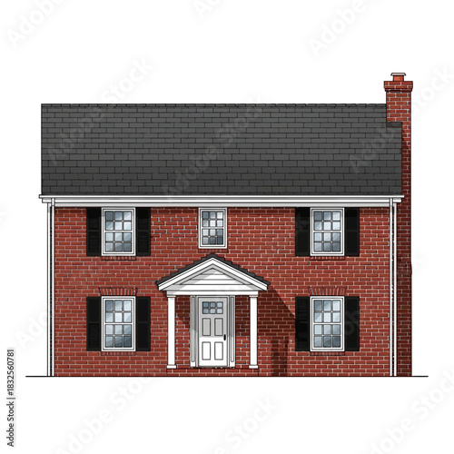 TwoStory Brick House with Black Shutters and Gray Shingle Roof.