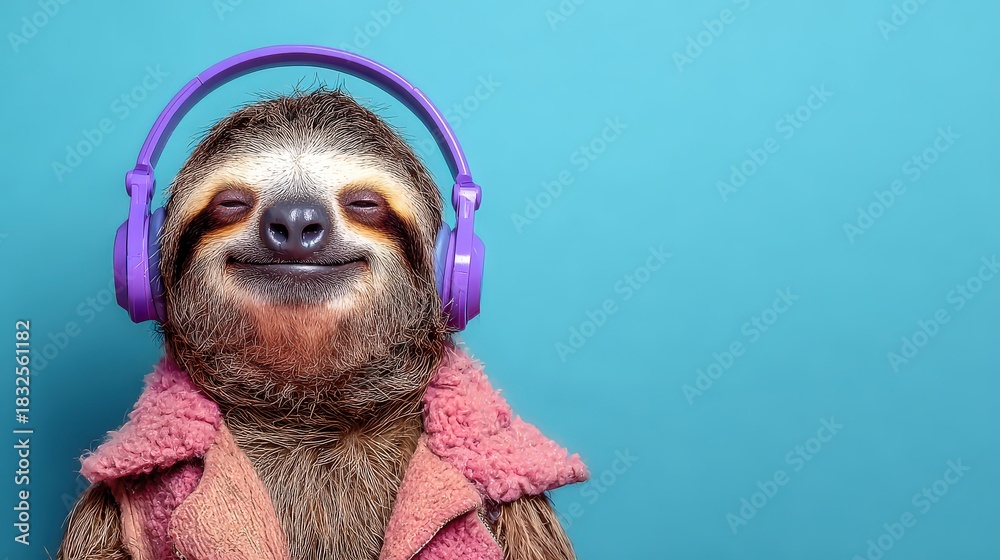 Naklejka premium Contented mammal wearing bright headphones and a fuzzy jacket enjoys personal audio against a vivid background