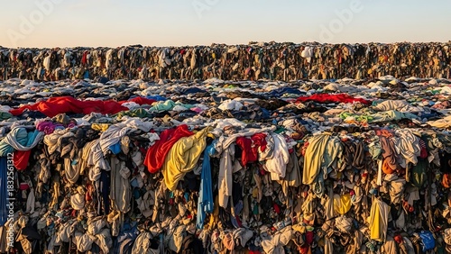 Vast pile of discarded clothing symbolizes the environmental impact of fast fashion and consumer waste